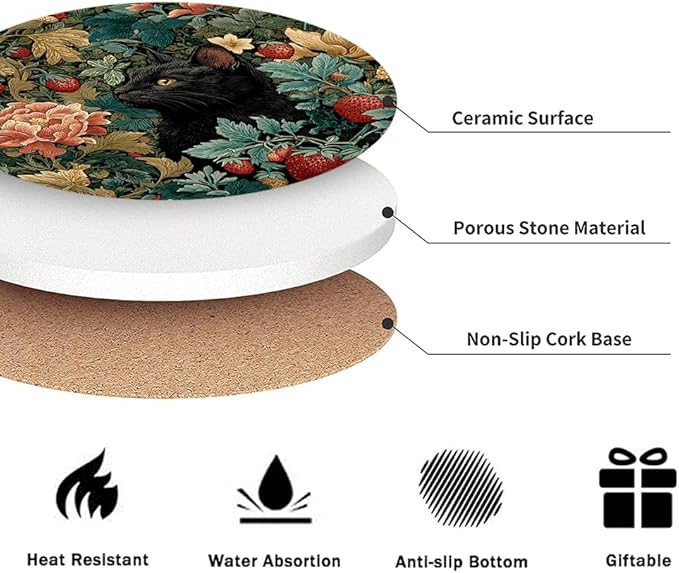 Vintage Absorbent Coasters with Holder Set of 6, Ceramic Stone with Cork Base, Black Cat Floral Design, Gift for Housewarming Room Bar Home Decor Kitchen