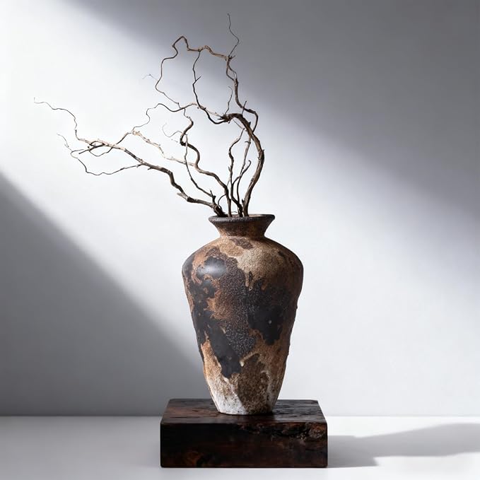 Wabi Sabi Ceramic Vase 9.1 Inch, Rustic Pottery Vase for Home Decor, Organic Textured Brown Black Vase for Pampas Grass, Coffee Table Shelf Farmhouse Decor