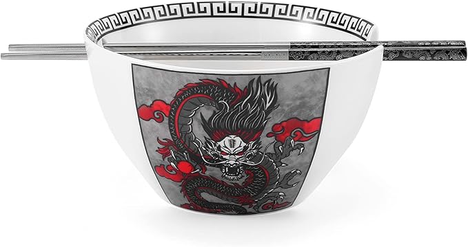 Hagary Dragon Ceramic Bowls Japanese Korean Soup Bowl Pasta Salad Dessert Serving Bowls Housewarming Wedding Gifts Designed in Korea (With Chopsticks) (Black, 20 oz - 1pc)