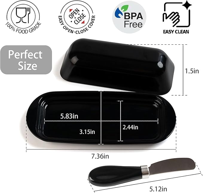 BPA-Free Melamine Butter Dish with Lid & Stainless Steel Knife - Farmhouse Butter Keeper for Countertop & Refrigerator, Dishwasher Safe, Holds 1 Stick with East & West Coast Butter-Black