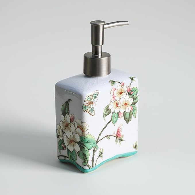 Ceramic Soap Dispenser, Lotion Bottle, Soap Bottle with Removable Pump, Flower Pattern Dispenser for Kitchen Soap, Bathroom Soap, Lotion and Essential Oil-Beige-13 OZ