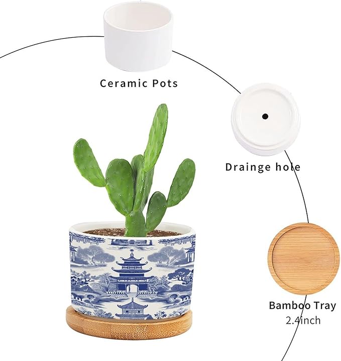 Chinoiserie Blue Asian Ceramic Planter Chinoiserie Chic Asian Flower Pots for Indoor Plants with Drainage Holes and Saucers Pot for Succulents Cactus Garden Windowsill
