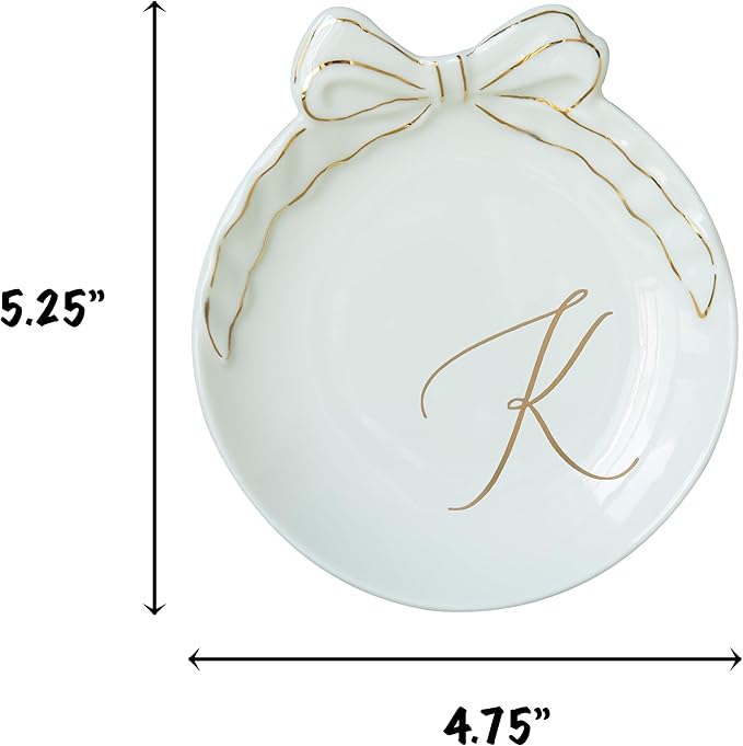 COLLECTIVE HOME Custom Initial Ceramic Jewelry Tray with Bow - Ring Holder & Earring Dish | Christmas Gift Idea for Women, Unique Birthday Present for Her (K)