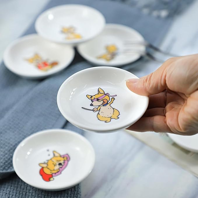 SOCOSY Super Cute Cartoon Animal Pattern Ceramic Sauce/Seasoning/Sushi Soy Dipping Bowl/Appetizer Plates/Serving Dish for Kitchen Home (Set of 6) - Corgi