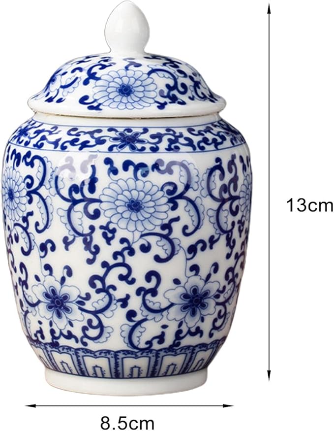 Ceramic Ginger Jar Vase Chinese Crafts Ornaments with Lid Porcelain Jars Asian Ginger Jar for Desktop Living Room Party Home Tea Storage, Blue Flower