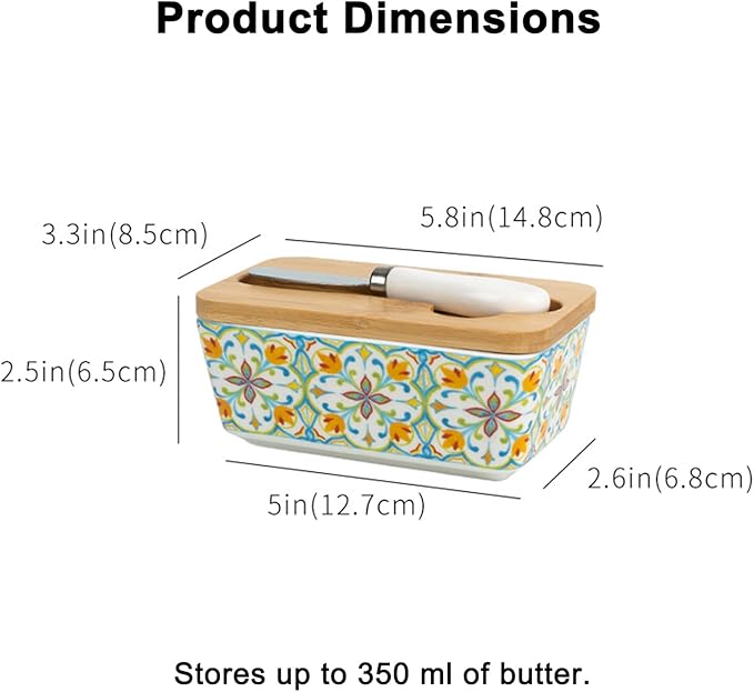 Butter Dish with Lid and Knife – 350ml Ceramic Butter Container with Bamboo Lid, Floral Cottage-Style Pattern, Airtight Butter Keeper for Countertop or Fridge, Farmhouse Kitchen Decor (Print-3)