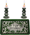 Holy Land Market Shabbat Candlestick Set - Colorful Ceramic Candlesticks with Matching Plate for Shabbat and Holidays (Green)