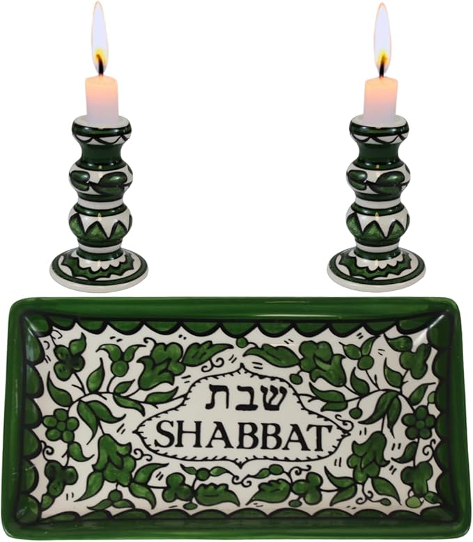 Holy Land Market Shabbat Candlestick Set - Colorful Ceramic Candlesticks with Matching Plate for Shabbat and Holidays (Green)