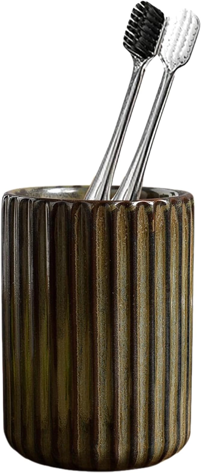 Ceramic Toothbrush Holder for Bathroom, Ceramic Toothbrush Cup, Toothpaste Organizer for Bathroom Countertop, Bathroom Storage Organizer, Kiln Transformation Cup (Deep Green)