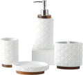 Elegant 4 PCS Ceramic&Wood Bathroom Accessories Set:Soap Dispenser,Toothbrush Holder,Tumbler,Soap Dish,Easy to Clean,Quatrefoil Pattern,White-Affordable Luxury for Home Decor Enthusiasts