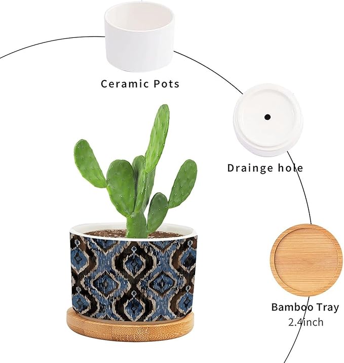 DreamAutumn Indigo Ikat Abstract Blue Ceramic Pots for Plants with Drainage Holes Round Flower Pot Bamboo Tray Orchid Pot Succulents Pots for Outdoor Indoor Plants,Housewarming Gifts