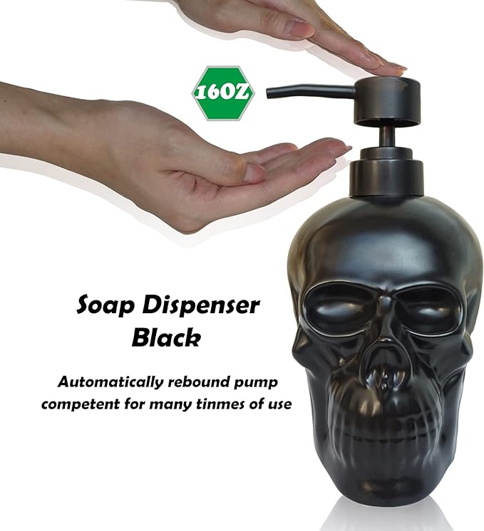 Ceramic Skull Soap Dispenser, Refillable Halloween Liquid Hand Soap Dispenser for Bathroom and Kitchen, Halloween Skull - Black