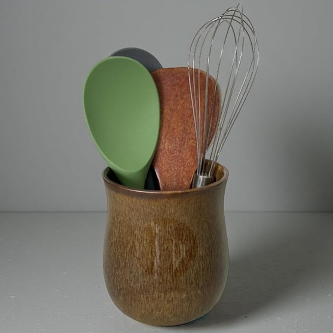 Short Kitchen Utensil Holder for Kitchen Counter, Ceramic Small Utensil Crock & Vase & Holder for Cutlery Spatula Brush Silverware Cooking Utensil Holder (Rustic Brown)