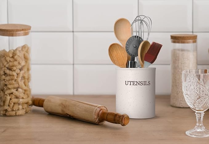 KooK Large Utensil Crock for Kitchen Counter, Ceramic Utensil Holder, Heavy & Stable Caddy, Farmhouse Decor, Matte Speckled Stoneware, Cream, 6 inch, Dishwasher Safe