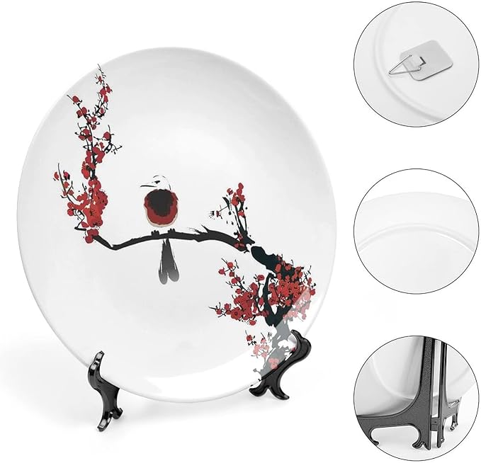 XISUNYA 6 Inch Decorative Plate, Janpese Decor Ceramic Plate, Bird on Cherry Tree Summertime Classic Asian Print Ceramic Wall Hanging for Home & Office Wall Hanging Decor