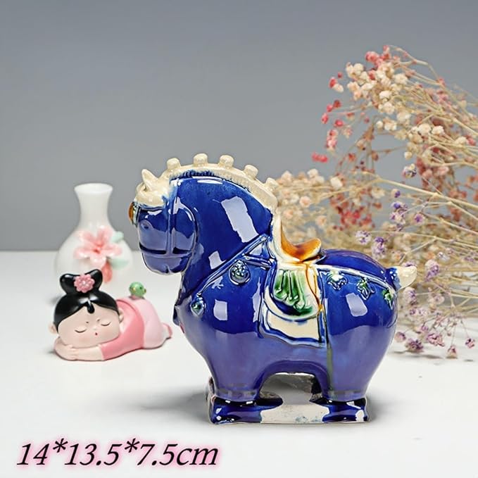 Animal Ornament Sculpture Ceramic Horse Sculpture Desktop Ornament Asian Feng Shui Art Collectible Blue