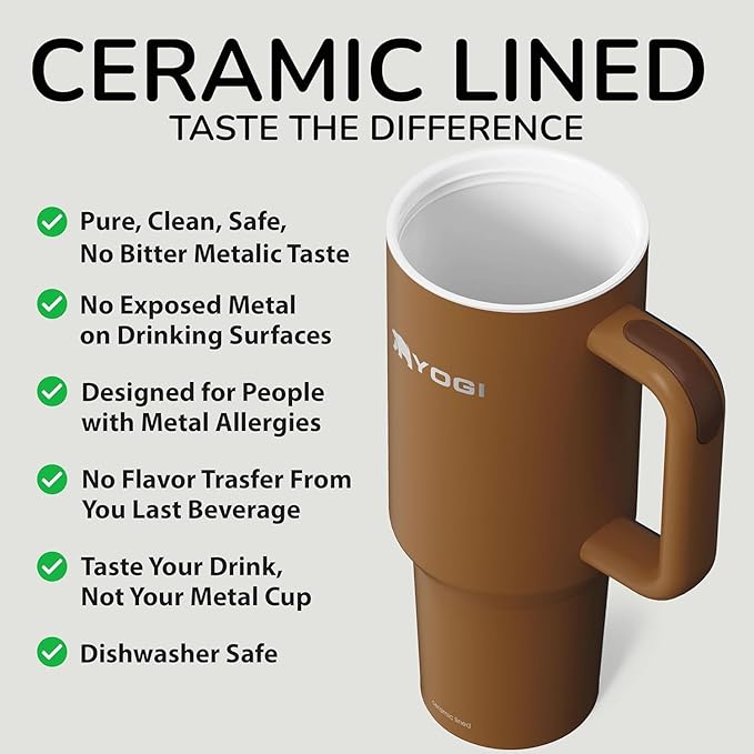 YOGI Ceramic Lined Metal Allergy Safe 40oz Tumbler with Handle and Straw Leakproof Flip & Sip Lid Vacuum Insulated Stainless Steel Travel Cup for Iced Coffee Water and All-Day Hydration 40oz Amber