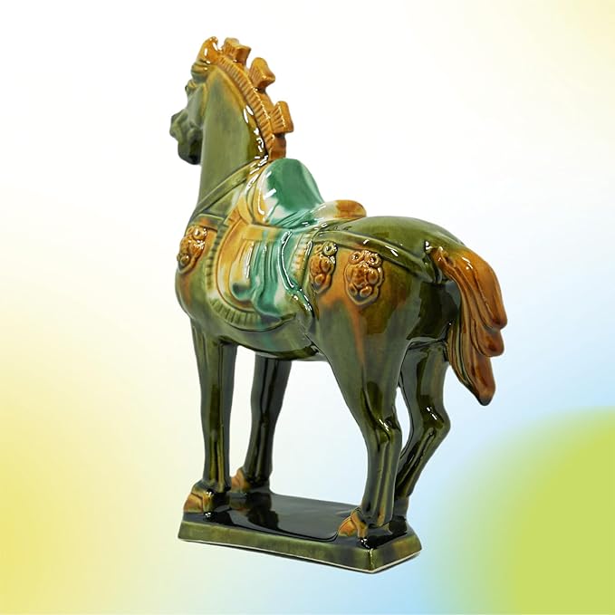Handmade Tang Dynasty Tri-Color Horse Ceramic Sculpture - 19cm Traditional Chinese Cultural Art Decor - Symbol of Prosperity & Good Fortune - Perfect for Home, Office, Bookcase Shelf(Grass Green)
