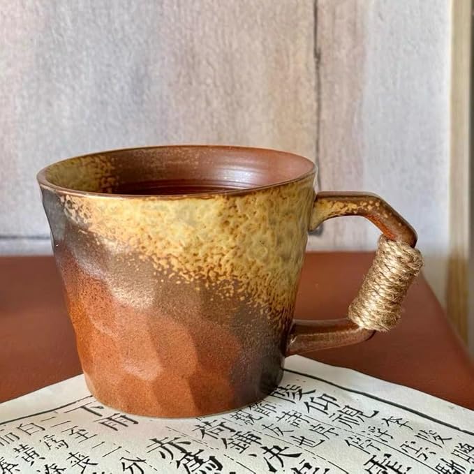 10oz Retro Vintage Japanese Style Handmade Ceramic Tea Cup with Handle, Lead-Free Glaze Artisanal Coffee Mug, Comfortable handle Handmade Pottery Tea Mug for office and home,Brown