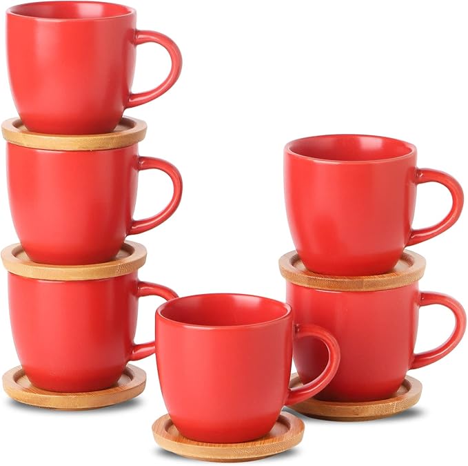 HASENSE Espresso Cups and Saucers Set of 6, 3.5 OZ Demitasse Cups with Handle for Drinks, Latte, Cappuccino, Cafe Mocha and Tea, Porcelain Coffee Cups for Coffee Bar Home and Party, Red