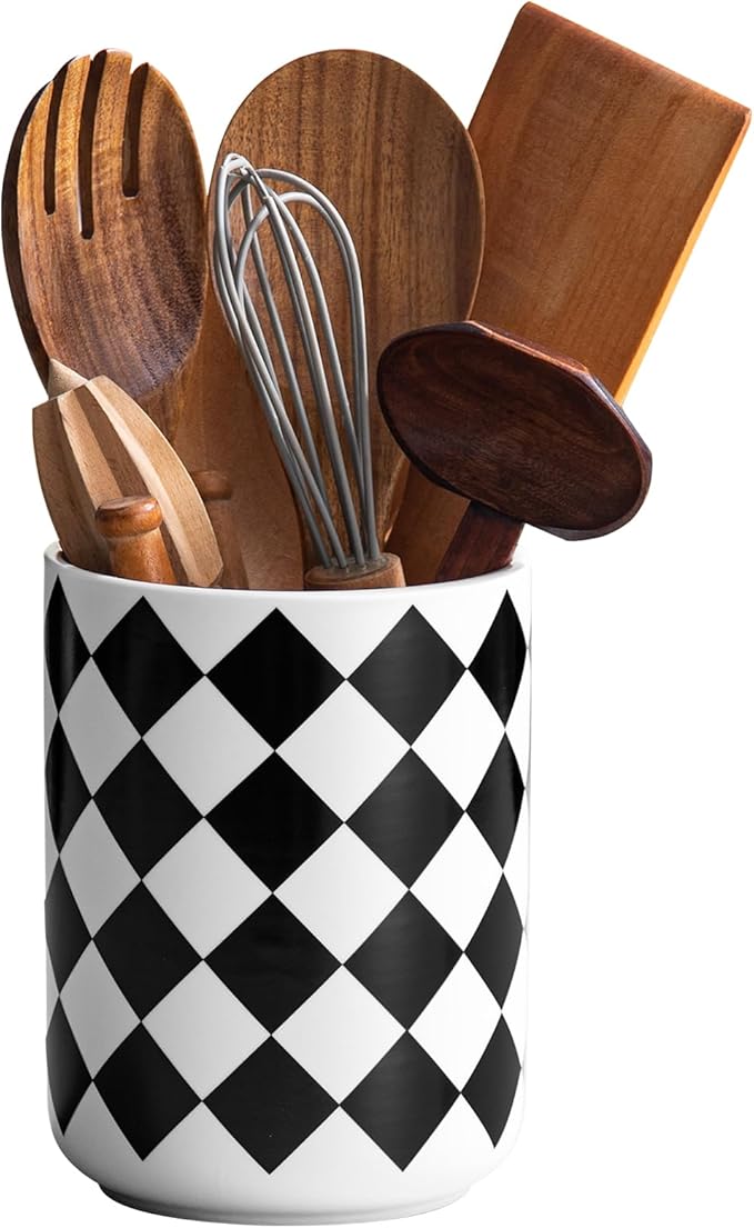 Kitchen Utensil Holder for Countertop， 6.4" Ceramic Utensil Holder Deep and Stable，Kitchen Utensil Organizer，Modern Checkered Utensil Holder for Decor