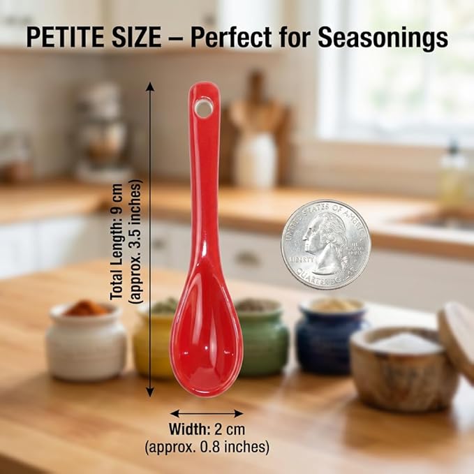 Mini Spoons for Spices, Ceramic Spoon 3.5 inch for Spice Jars, Espresso Spoons, Small Seasoning Spoon for Salt, Coffee, Sugar, Powder and Pepper (Red spoon A set of 4)