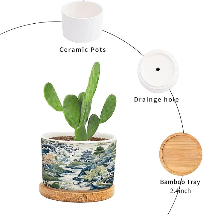 Trend Dragon and Print Ceramic Planters Chinoiserie Asian Inspired Planters for Indoor Plants with Drainage Holes and Saucers Pot for Outdoor Garden Home Plant