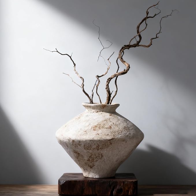 Whitewashed Terracotta Ceramic Vase, 11.5" Large Rustic Farmhouse Pottery Vase with Wide Mouth, Watertight Flower Vase for Fresh Flowers, Pampas Grass and Table Centerpieces Decor