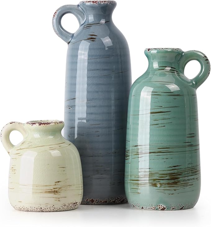 Ceramic Vase Set of 3, Vase with Handle, Modern Farmhouse Vases for Pampas Grass & Dried Flowers, Flower Vase for Table Living Room Home Decor-Multicolor