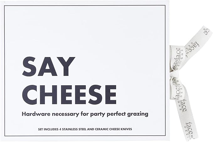 Santa Barbara Design Studio Gift Set Kitchen Essentials Face to Face Designs Black and White Cardboard Book Gift Box, 4-Pieces, Say Cheese Ceramic Cheese Knives