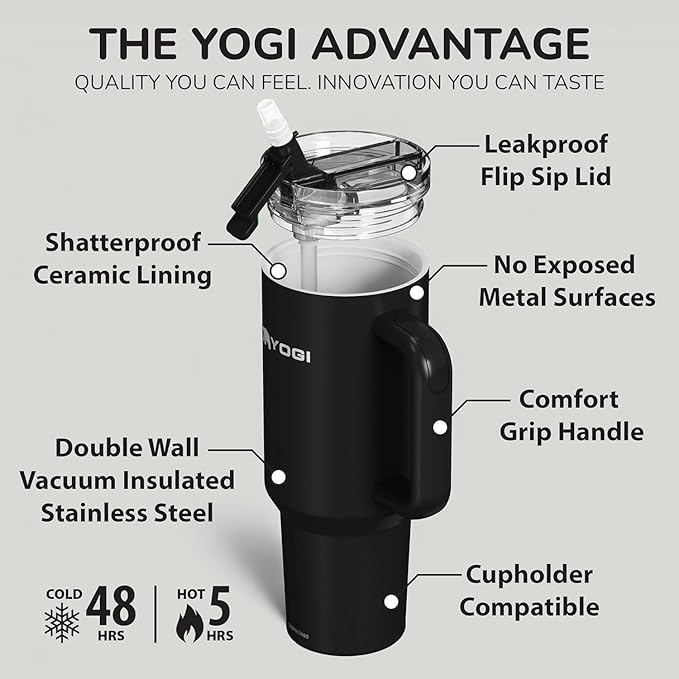 YOGI Ceramic Lined Metal Allergy Safe 40oz Tumbler with Handle and Straw Leakproof Flip & Sip Lid Vacuum Insulated Stainless Steel Travel Cup for Iced Coffee Water and All-Day Hydration 40oz Onyx