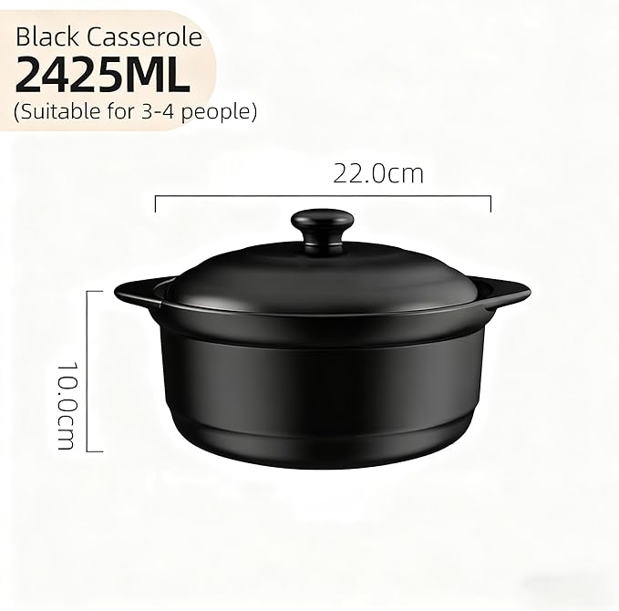 Ceramic Pot with Lid, Heat-Resistant Clay Pot for Cooking, Korean Stone Pot for Soup, Bibimbap, and Stew, 1.9 Quart,2.4L,Black