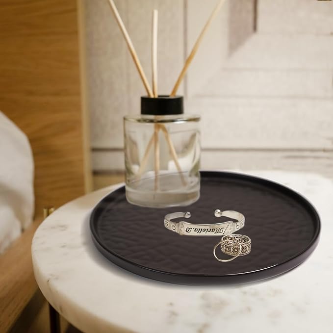 Ceramic Round Bathroom Vanity Tray, 7.5" Decorative Perfume Candle Holder Tray for Dresser Top (Black)