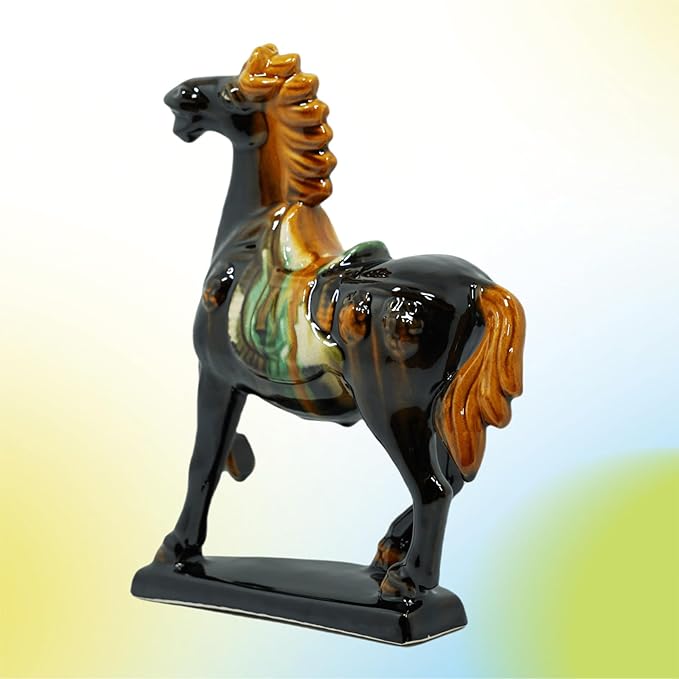 Handmade -Tang Dynasty Tri-Color Horse Sculpture Ceramic Horse-19cm Cultural Art Piece for Home,Bookcase or Office Decor (Black)