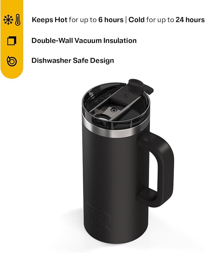 RTIC 16oz Road Trip Travel Mug with Lid and Handle, Ceramic Lined, Insulated, Stainless Steel, Metal, Double Wall Vacuum-Insulation, Portable Coffee, Tea Cup for Hot and Cold Drink, Black