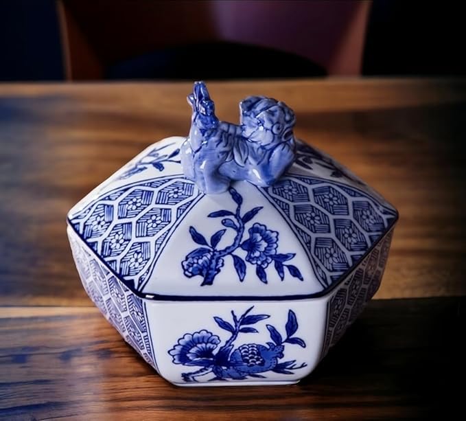 Classic Blue and White Ceramic Porcelain Jar Vase, Hexagon Canister, Sugar Candy Container, Tea Container, Lion Button Lid, Hand-Crafted Chinoiserie Decor
