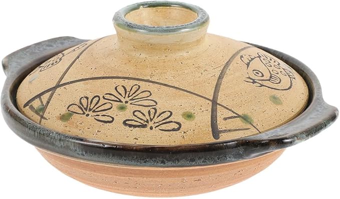Hemoton Japanese Ceramic Donabe Pot, 7.99 Inch Brown Clay Casserole with Lid, Heat-Resistant Stew Pot for Soup, Rice, and Braised Dishes, Fish Grass Pattern for Home Cooking