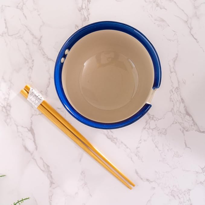 Urban Tokyo Handpainted Ceramic Glazed Japanese Ramen Udon Noodle Rice Bowl With Chopsticks 20 fl oz 5 inch Diameter Bowl Sets Color Box Packaging (Oriental Dragon Blue)
