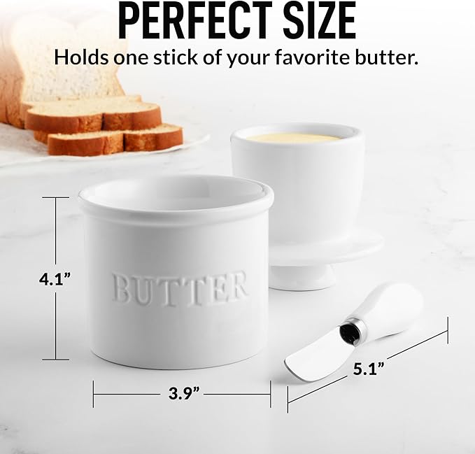 Zulay Kitchen Bell Shaped Butter Crock with Lid for Countertop with Water Line & Spreader Knife, Ceramic French Butter Dish Keeper For Fresh, Soft & Spreadable Butter - White
