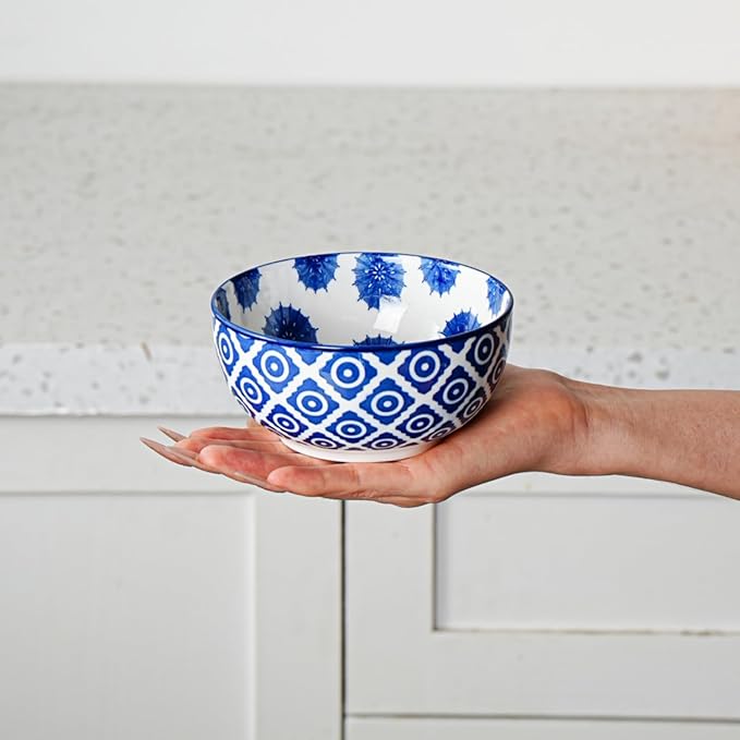 Ceramic Dessert Bowls Set - Small 11 Oz Porcelain Ice Cream Bowls for kitchen - 4.7 Inch Cereal Bowls for Salad, Fruits - Microwave Dishwasher Safe - Set of 6 - Vintage Blue