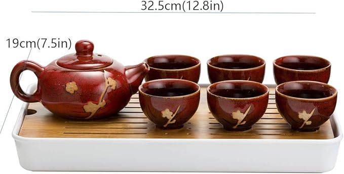 TJ Global Chinese/Japanese Ceramic Tea Set, 100% Handmade Traditional Tea Ceremony Set with Teapots, 6 Teacups, Bamboo Tea Tray with Drainage (Red)