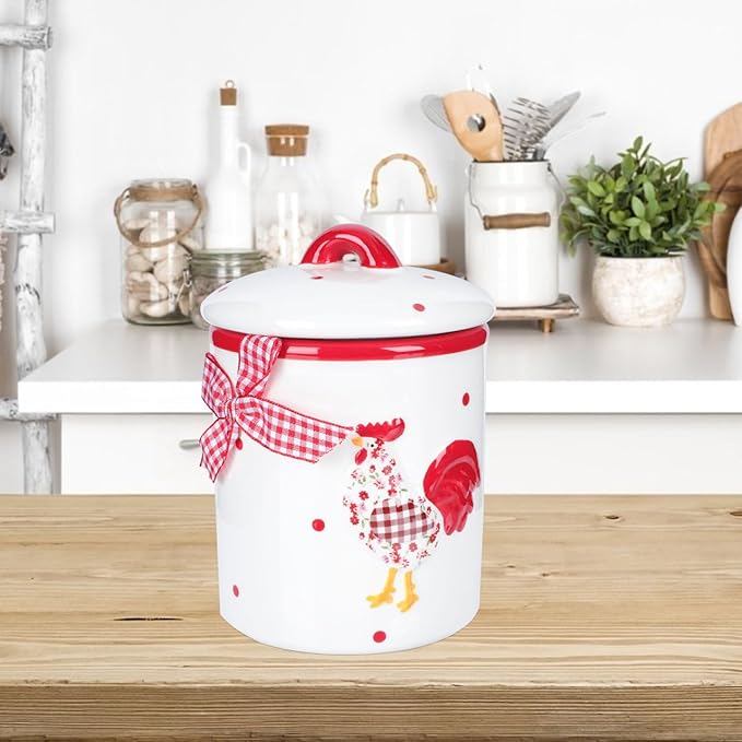 Angoily Ceramic Food Storage Jar Canister Red Flower Chicken Pattern Food Canisters with Lid Condiment Pot for Coffee Bean Cookies Loose Tea Spice Nuts Snacks Storage Jar