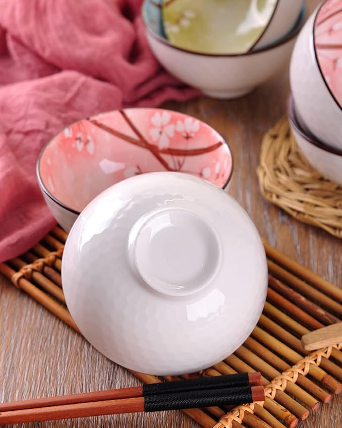 WHJY Cherry Bloom Chinese Japanese Ceramic Rice Bowl 10 oz, Sakura Bowl Gift Set, Serving Bowls Dinnerware Bowls for Rice, Cereal, Noodle, Soup, Desserts, Set of 6