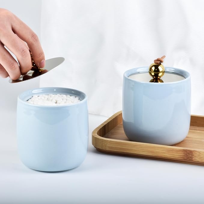 2 Pack Ceramic Qtip Holder Dispenser with Gold Lids, Blue Apothecary Jars Bathroom Vanity Organizer for Home Decor Bathroom Canister for Cotton Swabs, Rounds, Balls, Makeup Sponges, Bath Salts