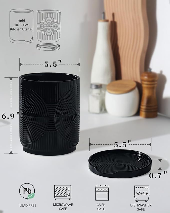 Utensil Holder, 7.2" Kitchen Utensil Holder for Counter, 2-in-1 Ceramic Cooking Utensils Holders with Spoon Rest, Utensil Crock for Spatula, Ideal Housewarming Gift (Black)
