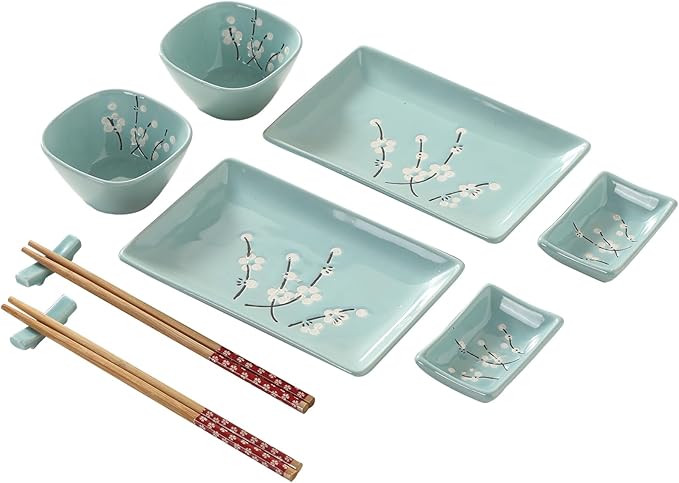 10 pcs Japanese Sushi Plate Sets Serving Platters and Trays for Entertaining Sushi Dishes Set Plates Sushi Plates Traditional Cuisine Dinnerware Sets with Chopsticks Blue Plum