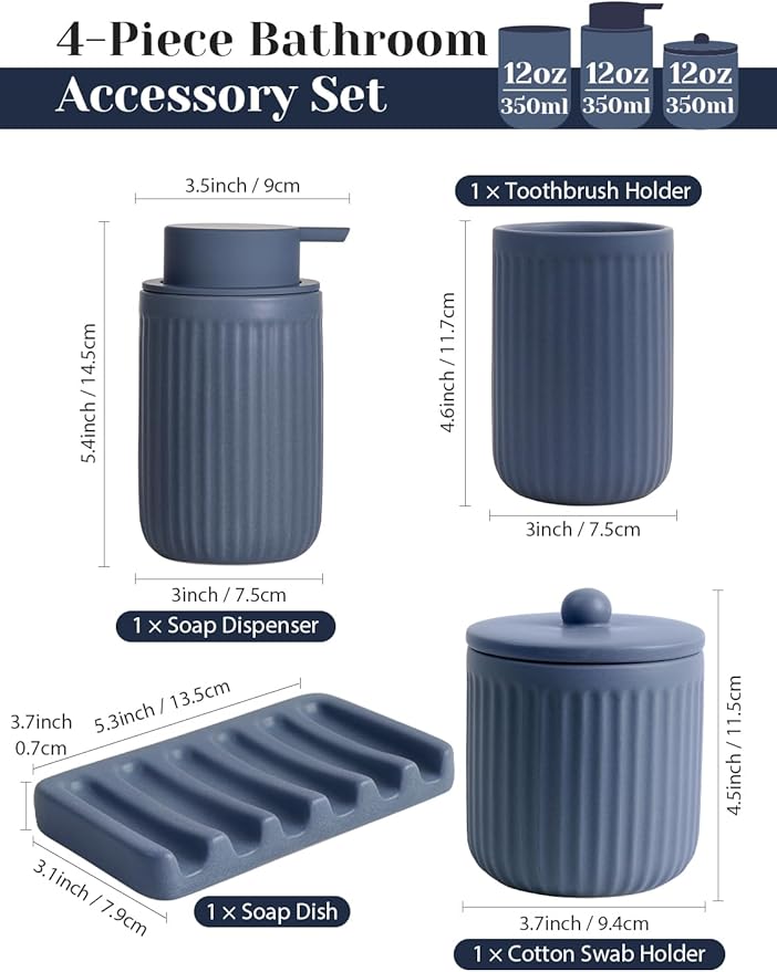 INGOFIN 4 Pcs Ceramic Bathroom Accessory Set - Liquid Soap Dispenser, Toothbrush Holder,Contain Cotton Swab Jar & Soap Dish,Countertop Accessories for Home, Guest Bathroom, Office, Matte Blue