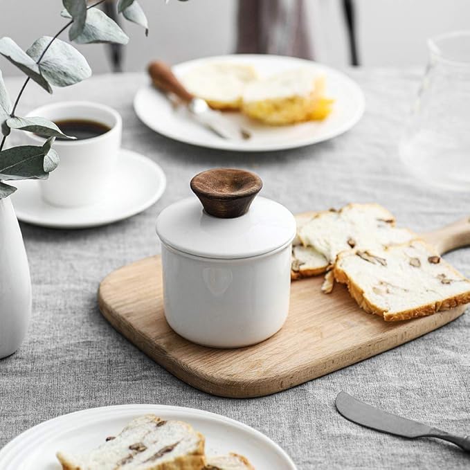 DOWAN Butter Crock for Counter, French Butter Keeper Crock with Water, Ceramic Airtight Butter Dish with Wood Knob Lid for Soft Butter, Soft White