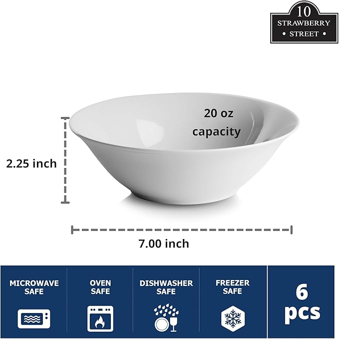 10 Strawberry Street Simply White 7" Round Cereal Bowl, Set of 6