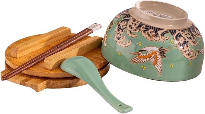 Urban Tokyo Japanese Kamameshi Style Ceramic Glazed Japanese Ramen Udon Pho Noodle Bowl With Spoon, Bamboo Lid, Chopsticks and Trivet 5 Piece Set (Japanese Crane), BCH625